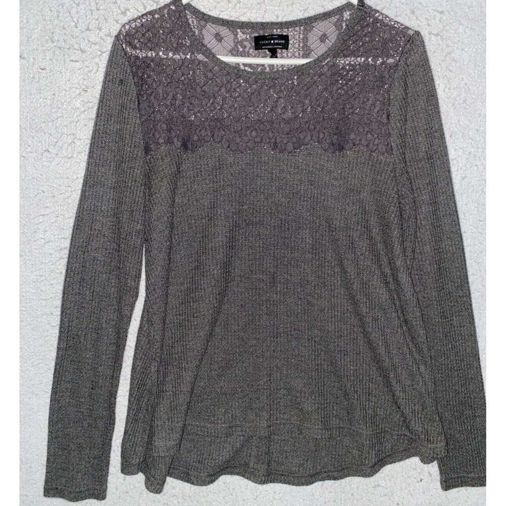 Lucky Brand Top Women’s M Gray Long Sleeve Stretch Lace Yoke See Through Ribbed